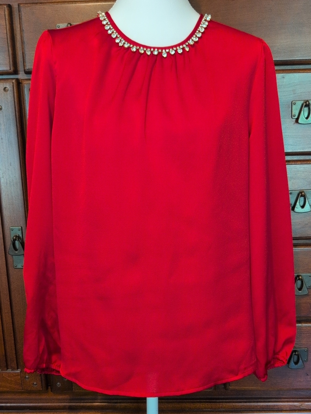 Liz Claiborne Red Jewel-Neck Long Sleeve Blouse